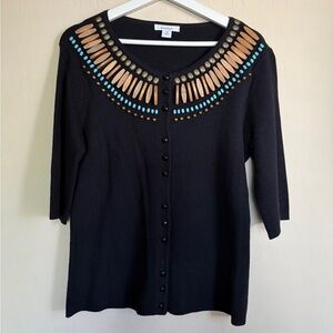 DressBarn Boho Beaded Wooden Detail Embellished Neck Button Front Cardigan Med